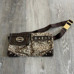 Vintage Baby Phat Logo Animal Print Purse Y2K Waist Pack Teal Interior Brown Tan